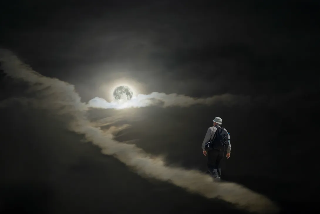 Man walking on a narrow cloud